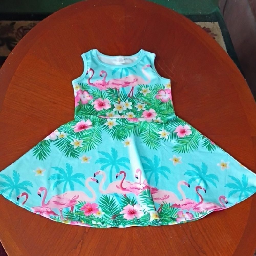 (1069) Tropical Flamingo Kids Dress - Size: Medium